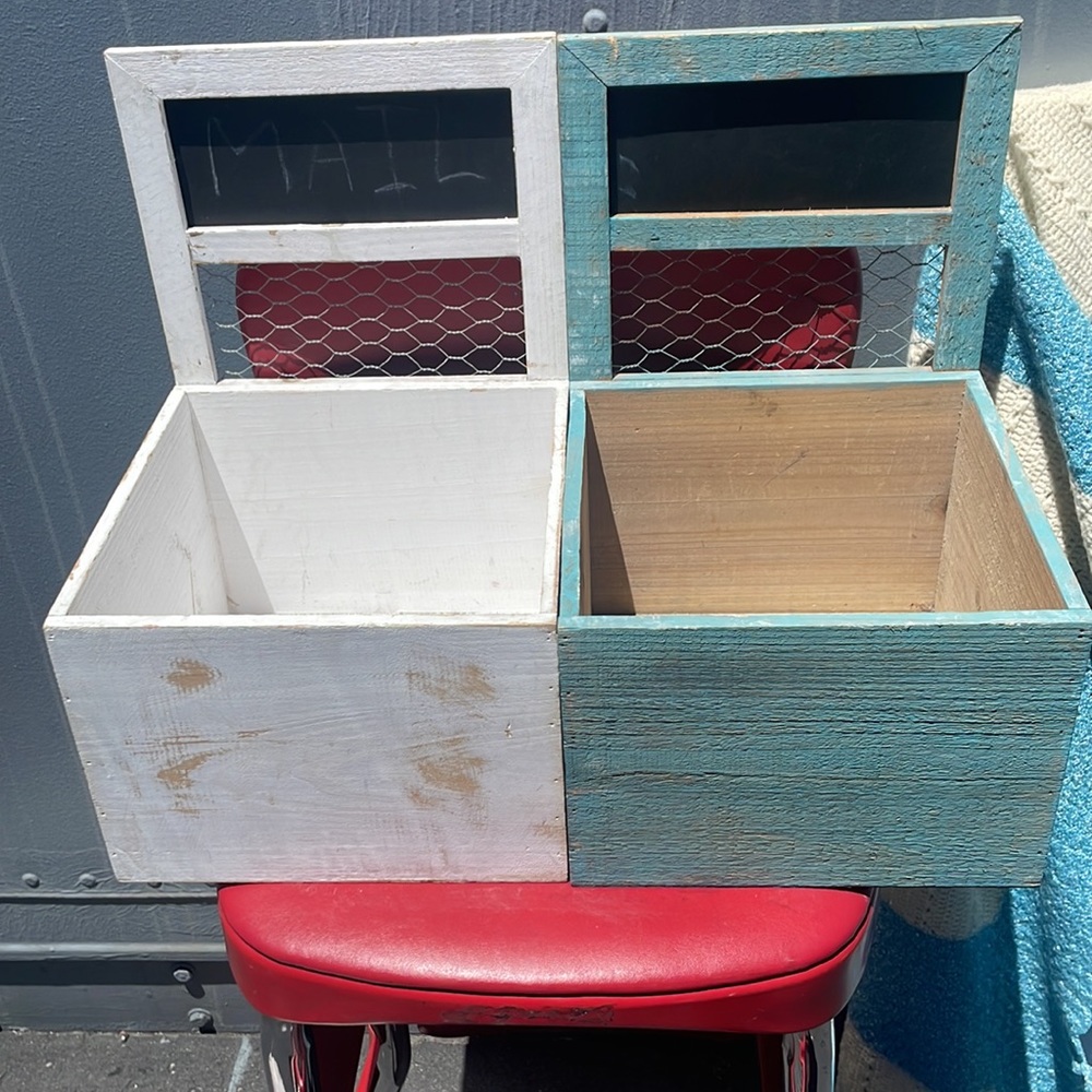 Shabby chic 2 Wooden organization crates w chalkboard white & blue